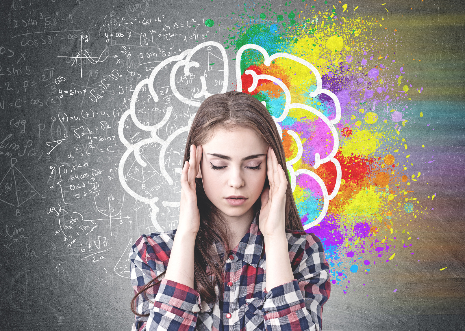 Stressed woman, colorful brain